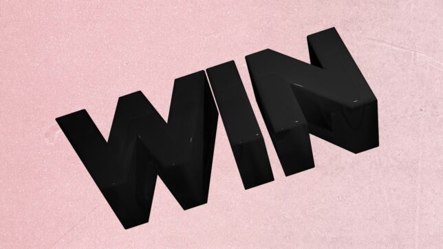 Black 3D letters spell out the word win